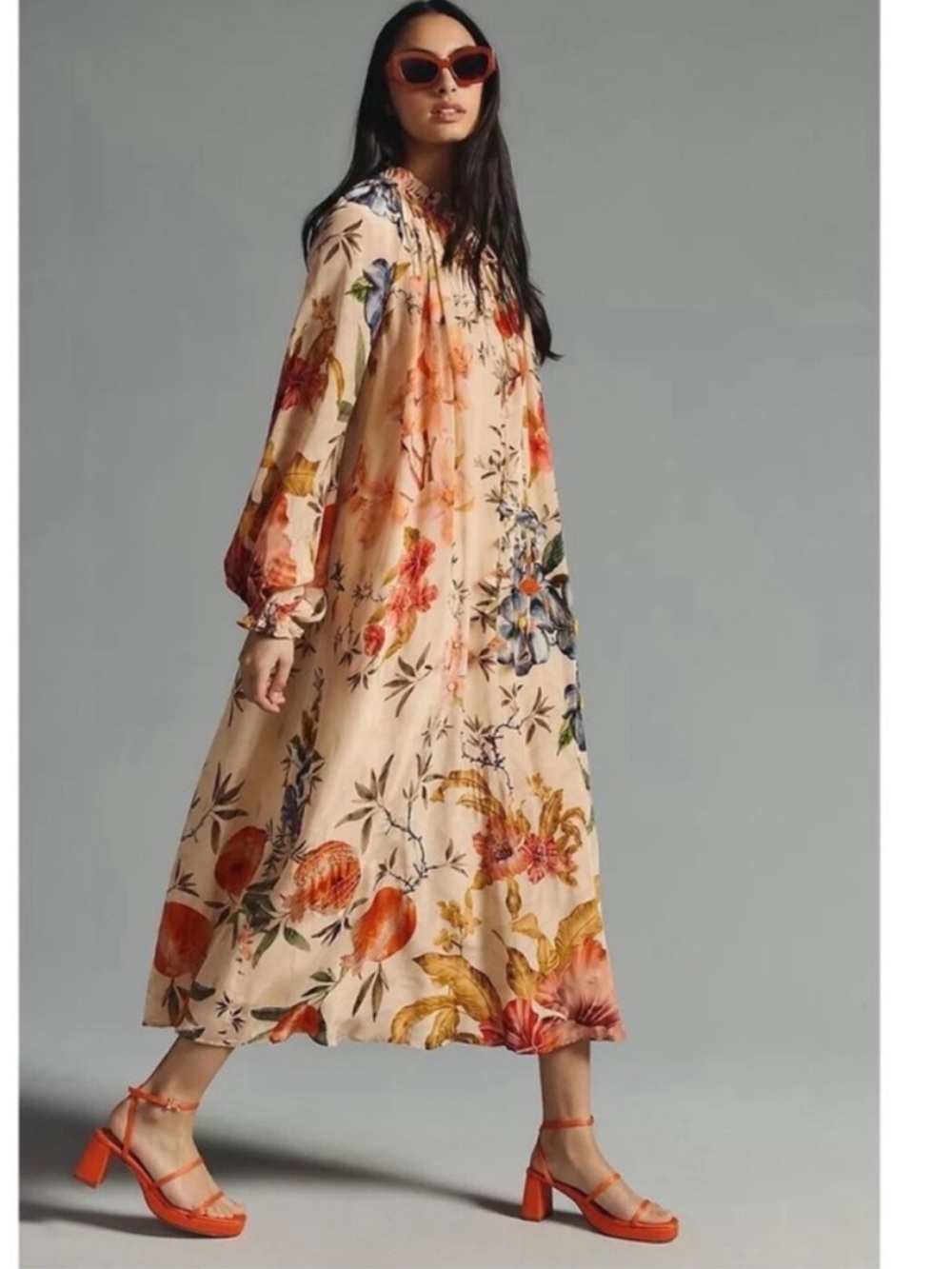 Anthropologie Siddhartha Bansal Dress Neck-Tie Sequin Maxi in Peach Floral - Picture 3 of 8